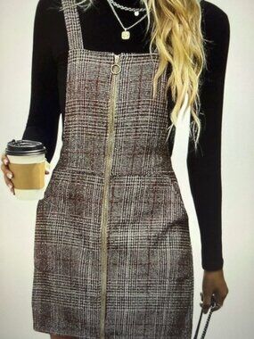 Autumn Dress, Sleeveless Pinafore Overall Size S, Tartan Print (Khaki color)